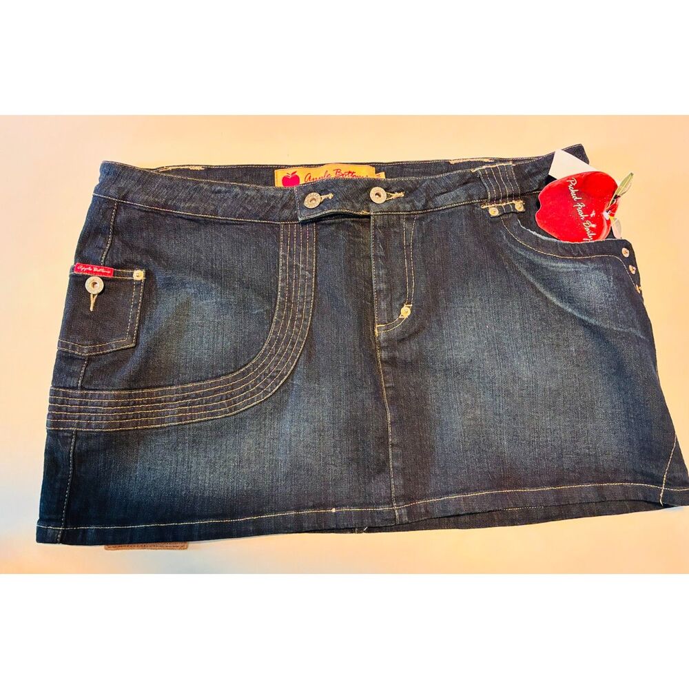 NWT Rare VTG Apple Bottoms Y2K Denim Gold Logo Embroidery Mini Skirt Sz 13/14